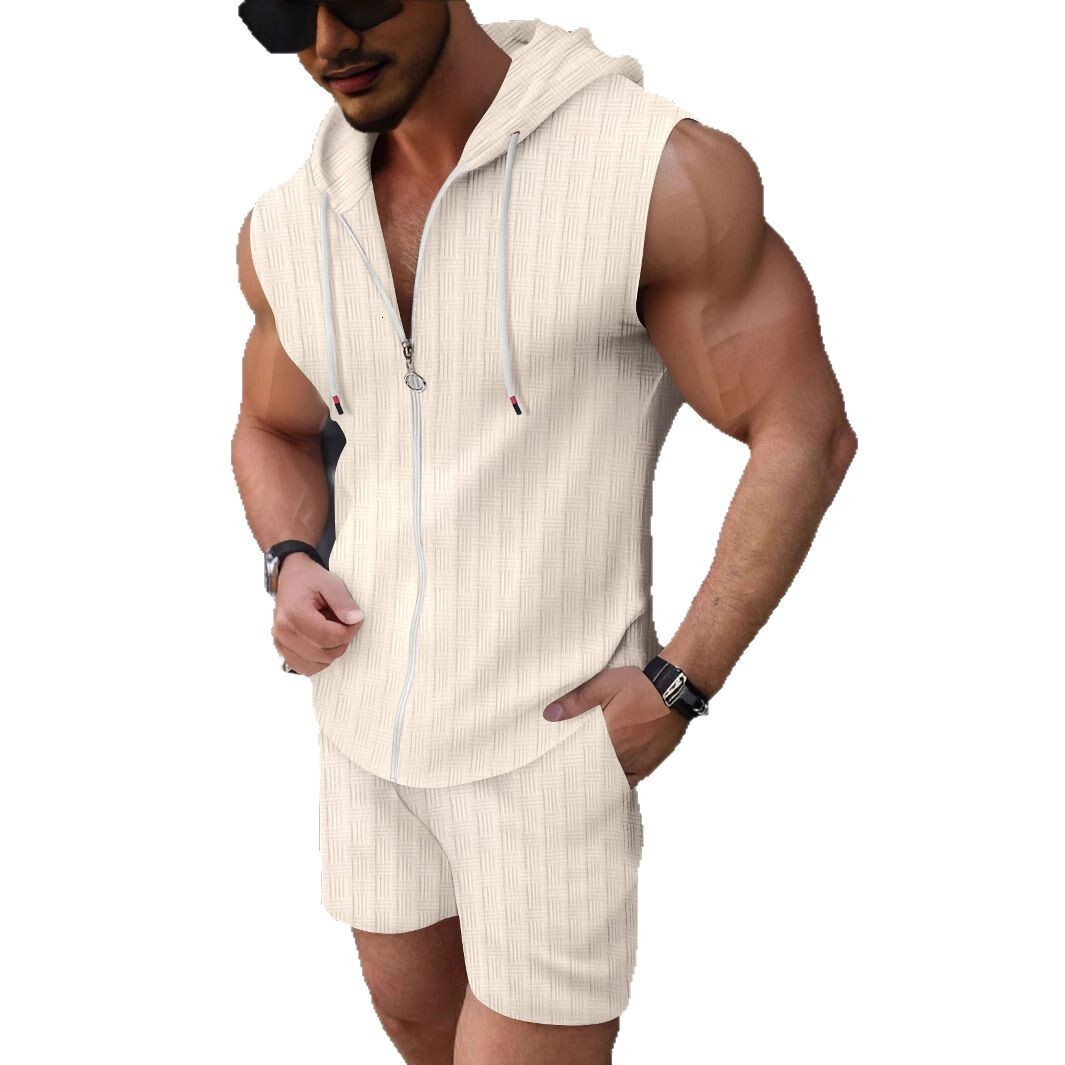 2025 Summer Fashion Muscle Mens Sleeveless Shirt Casual Breathable Loose Sleeveless Shorts Beach Set