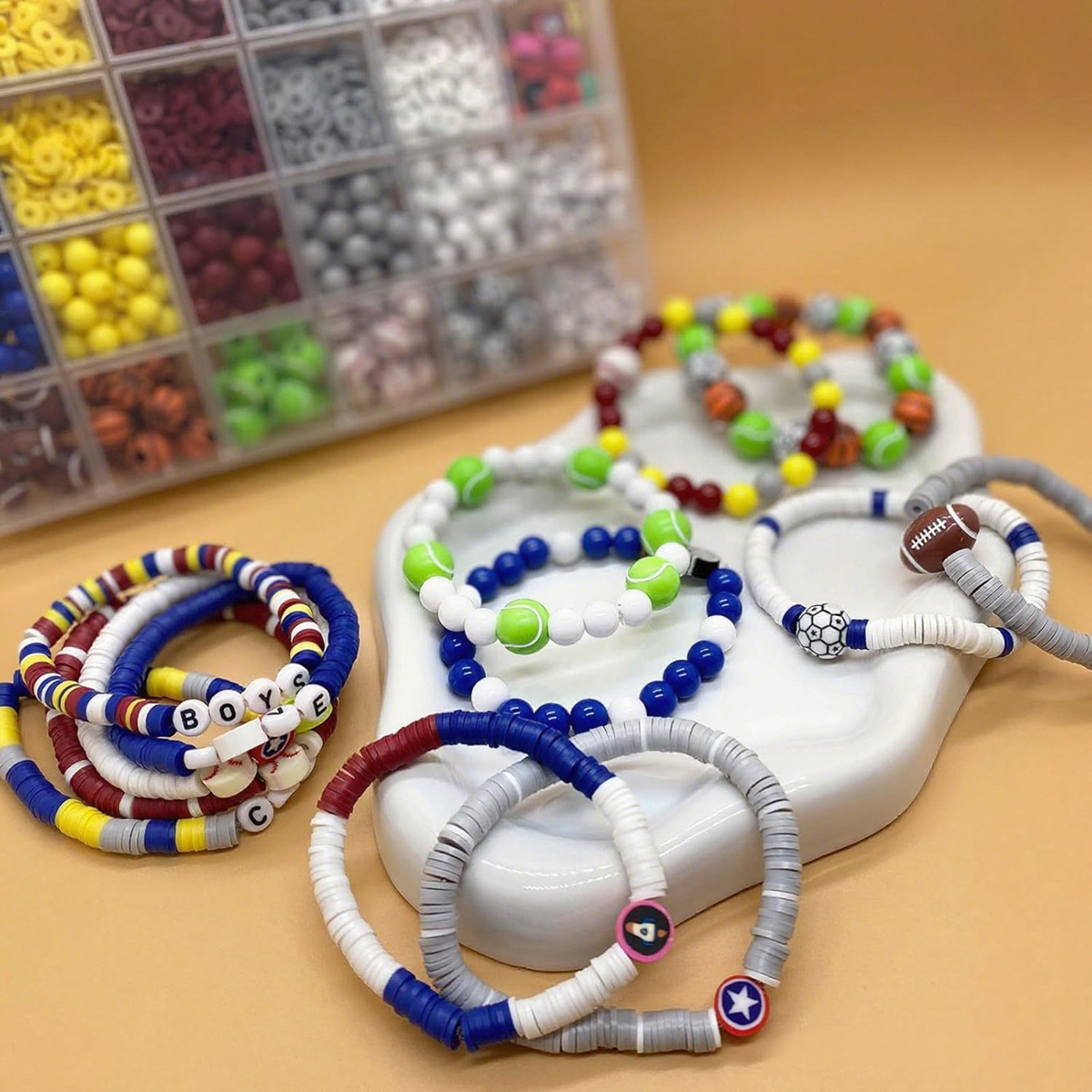 DIY Sports Clay Bead Jewelry Kit - Football Basketball Charms for Bracelets Necklaces Keychains, Letter Bracelet Craft Supplies