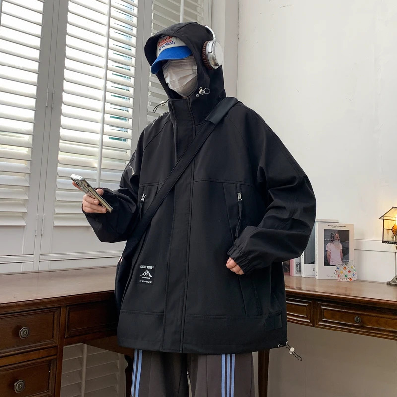 Mens jacket Korean style loose casual work jacket fashionable street student jacket outdoor waterproof solid color fashionable mens jacket 250415