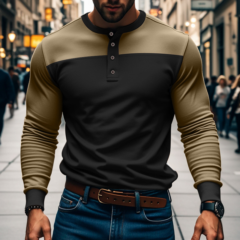 American slim fit spring and autumn commuting Henry patchwork T-shirt long sleeved Amikaji base shirt for men