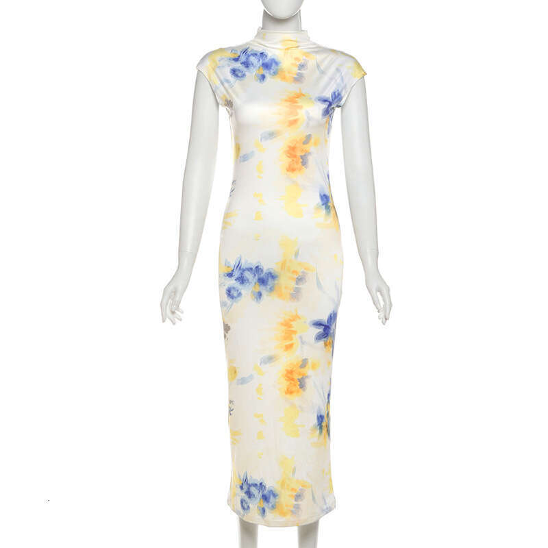 Women's Wear Spring/Summer New Women's Clothing Elegant Floral Contrast Printed Half High Collar Short Sleeve Tight Dress