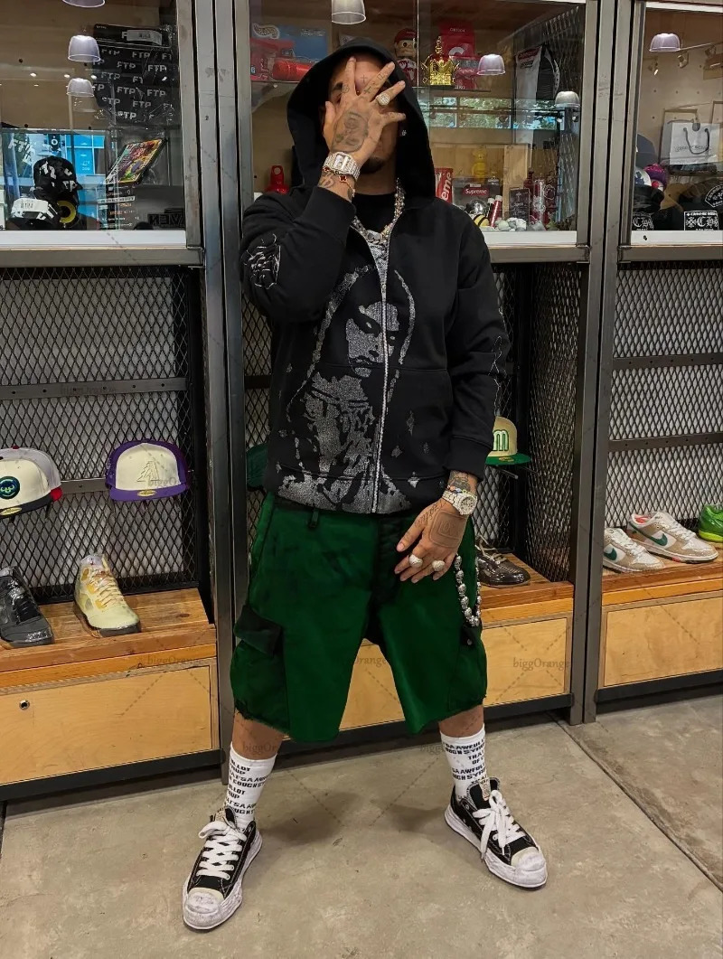 Street Hip-hop Casual Retro Black Loose Zipper Hoodie Men Summer American Y2K Harajuku Punk Goth Fashion Oversized Sweatshirt 251113