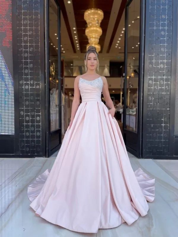 Elegant Pink Evening Dresses A Line Crystal Beaded Collar Strapless Formal Party Prom Dress Ruffle Dresses for special occasion Custom Made 01