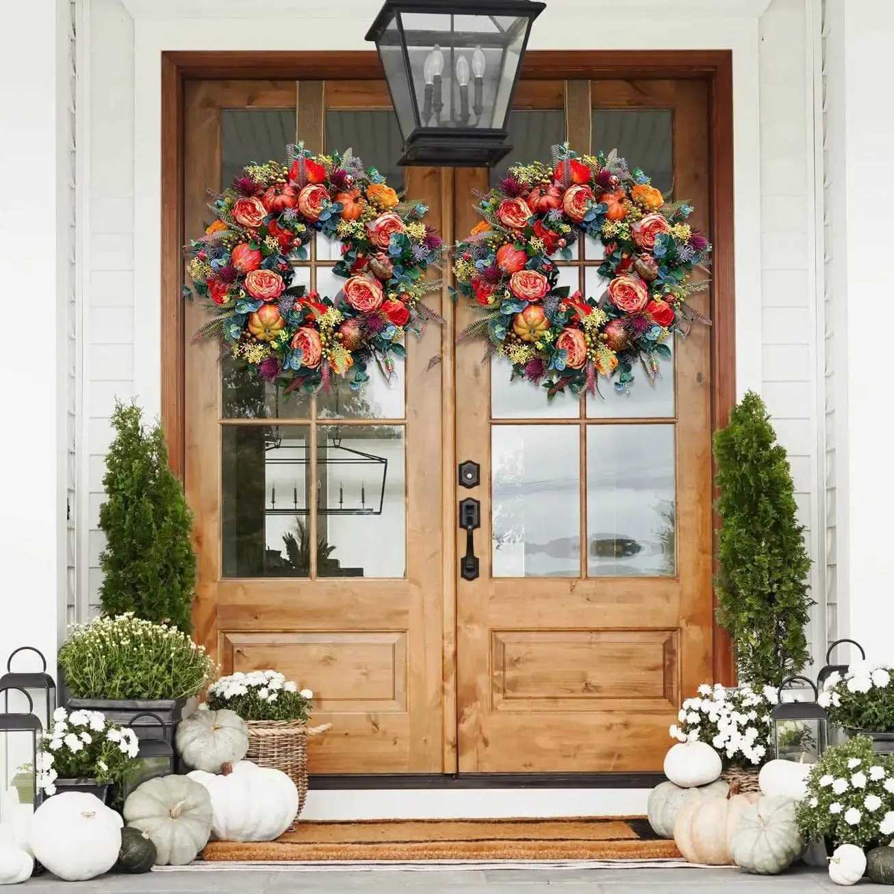 40cm Fall Peony and Pumpkin Wreath Simulation Garland for Front Door Farmhouse Decor Festival Celebration Thanksgiving WreathM251115