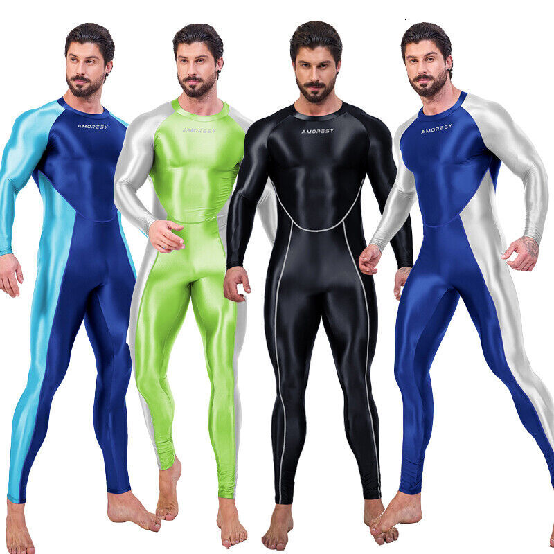 Glossy AMORESY Men Bodysuit Jumpsuits Tracksuits Overalls Activewear Sets Tights