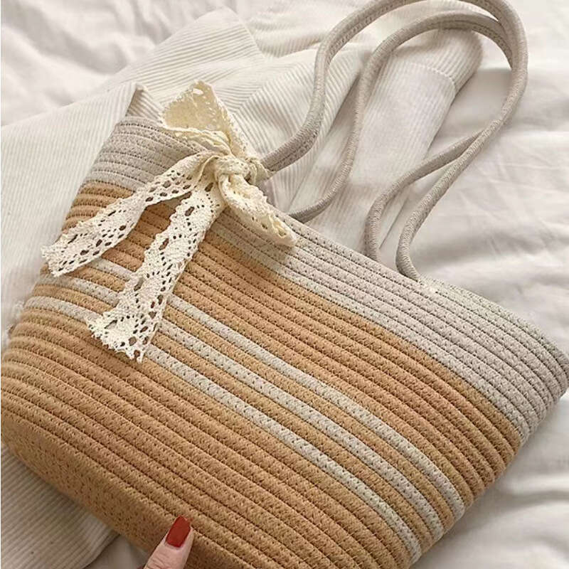 Handmade Beach Bag Large Capacity For Women 2025 Single Shoulder Cotton Thread Handheld Lace Straw Woven Color Blocked Beach Tote Bag Kq2