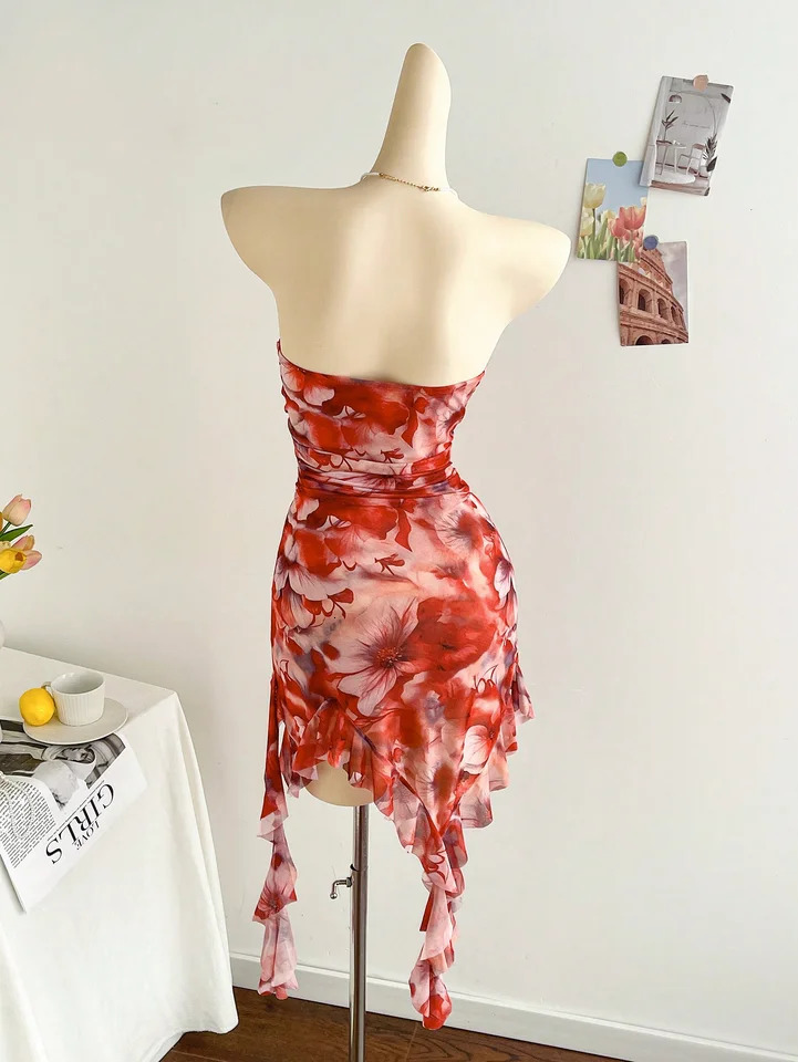 spring/summer ladies sexy strapless backless hemline irregular mini dress 250415