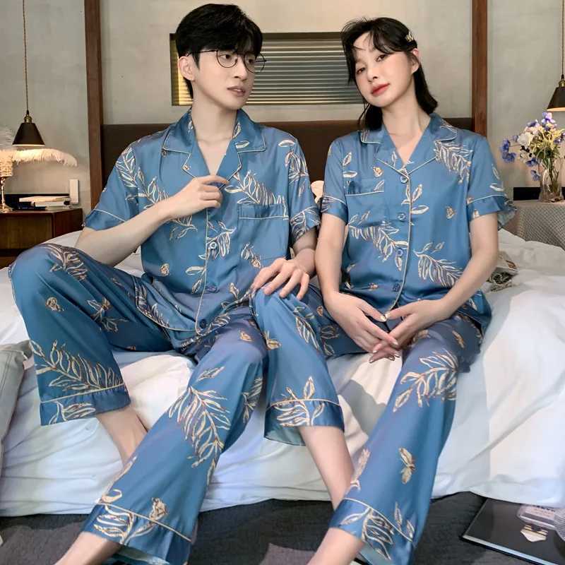 High quality pajama set mens summer silk short sleeved spring summer satin dog pajama couple pajama womensXJ250415