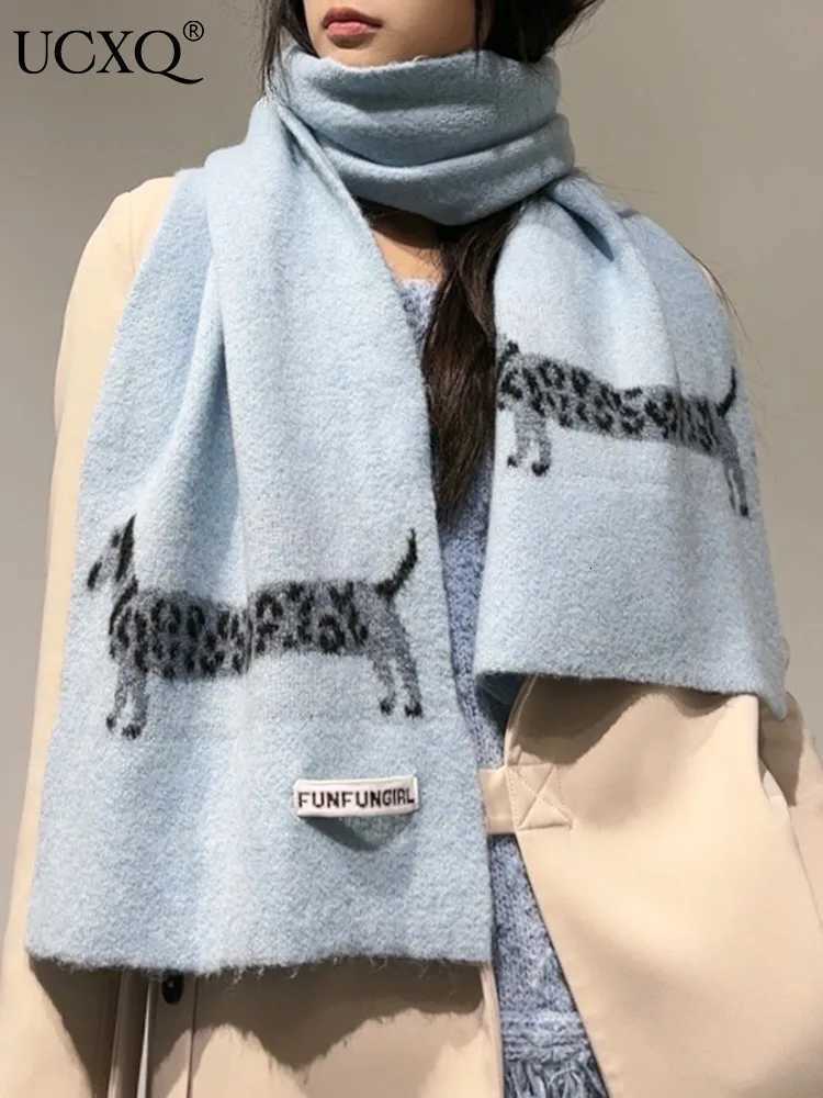 Luxury UCXQ Korean Leopard Dog Pattern Scarf For Women Fuzzy Texture Quadrilateral Knit Scaves 2025 Autumn New Tide 23Z3476 Y251115