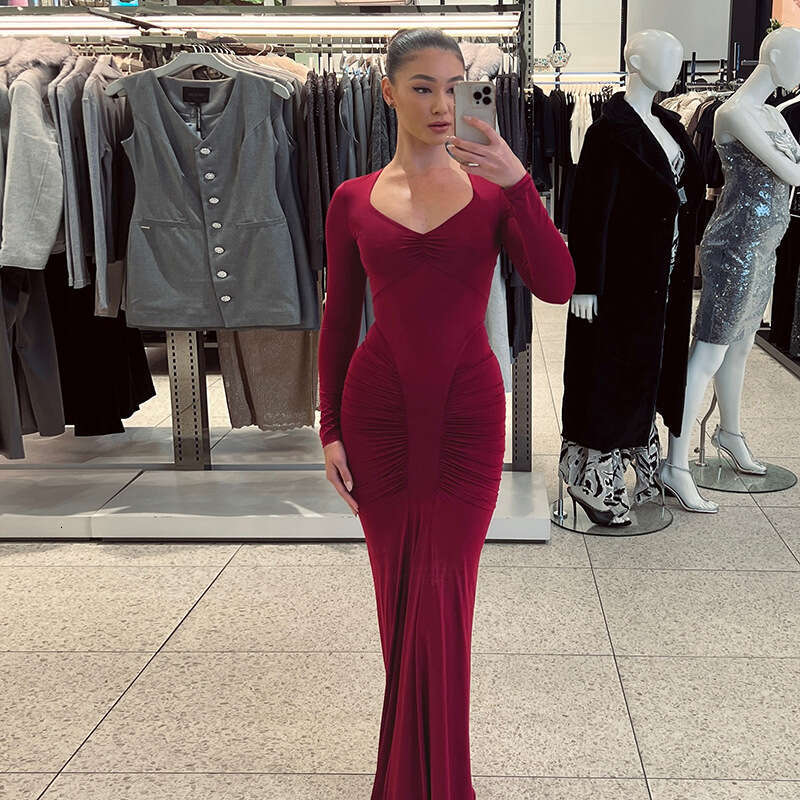 Women's Wear Spring New Women's Sexy Spicy Girl Sleeve V-Neck Solid Color High Waist Slimming Jumpsuit Long Dress