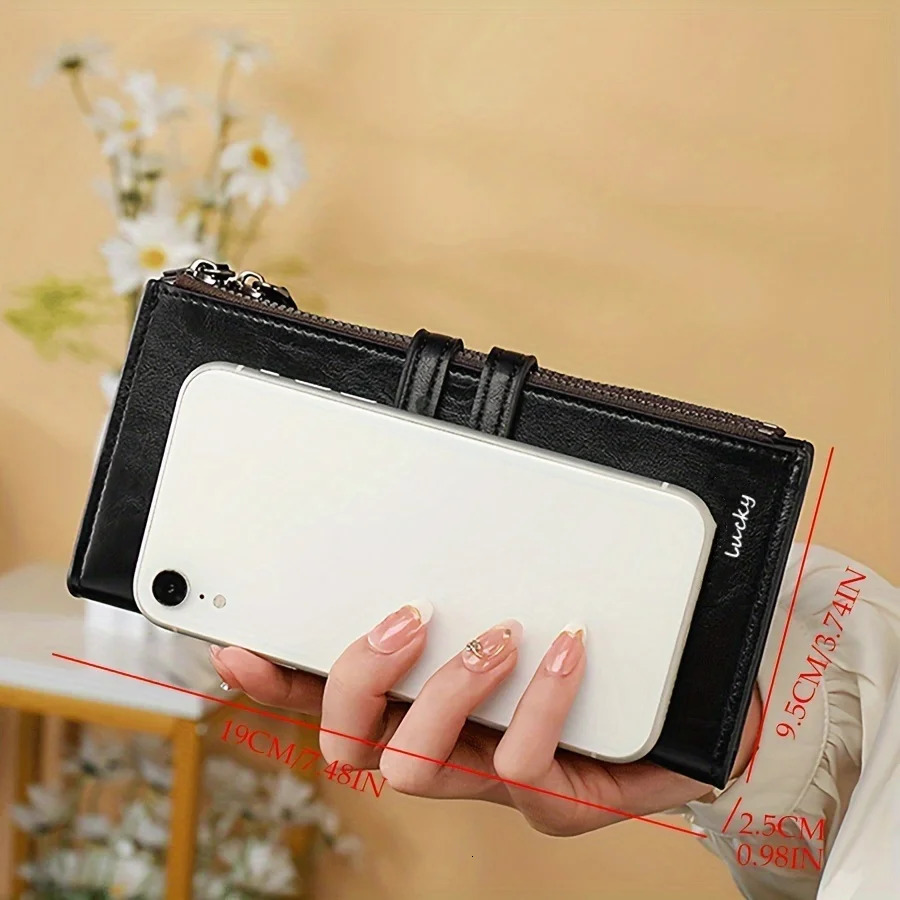 Solid color PU long wallet dual zipper and magnetic buckle lightweight coin wallet smallest retro style wallet 250410