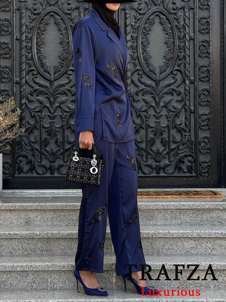 TRAFZA Retro Fashion Casual Womens Set V-neck Pocket Jacket Straight Loose Pants Fashion Autumn Office Womens Set 250409