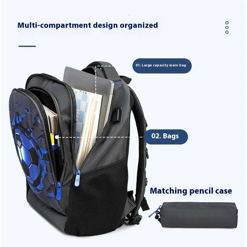 Boys Black Football Backpacks hard shell Orthopedic Middle School Student Book Bags USB Charge Multifunctional BagpackW251114