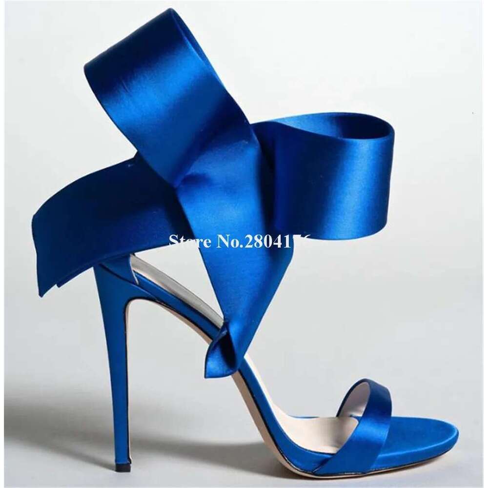 Charming Bowtoe Decorated Thin Sandals Pink Red Blue Satin Stiletto Heel Wedding Shoes Big Size Heels