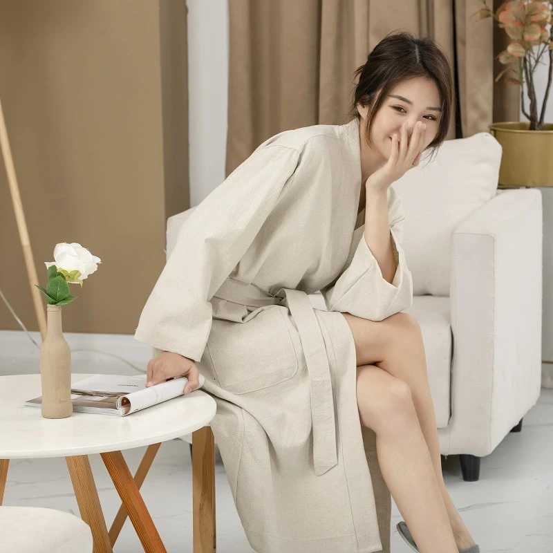 70 Cotton 30 Linen Kimono Bathrobe Nightgown 2025 New Loose Men And Women Dressing Gown Sleepwear Nightwear Solid Hotel Robe C251115