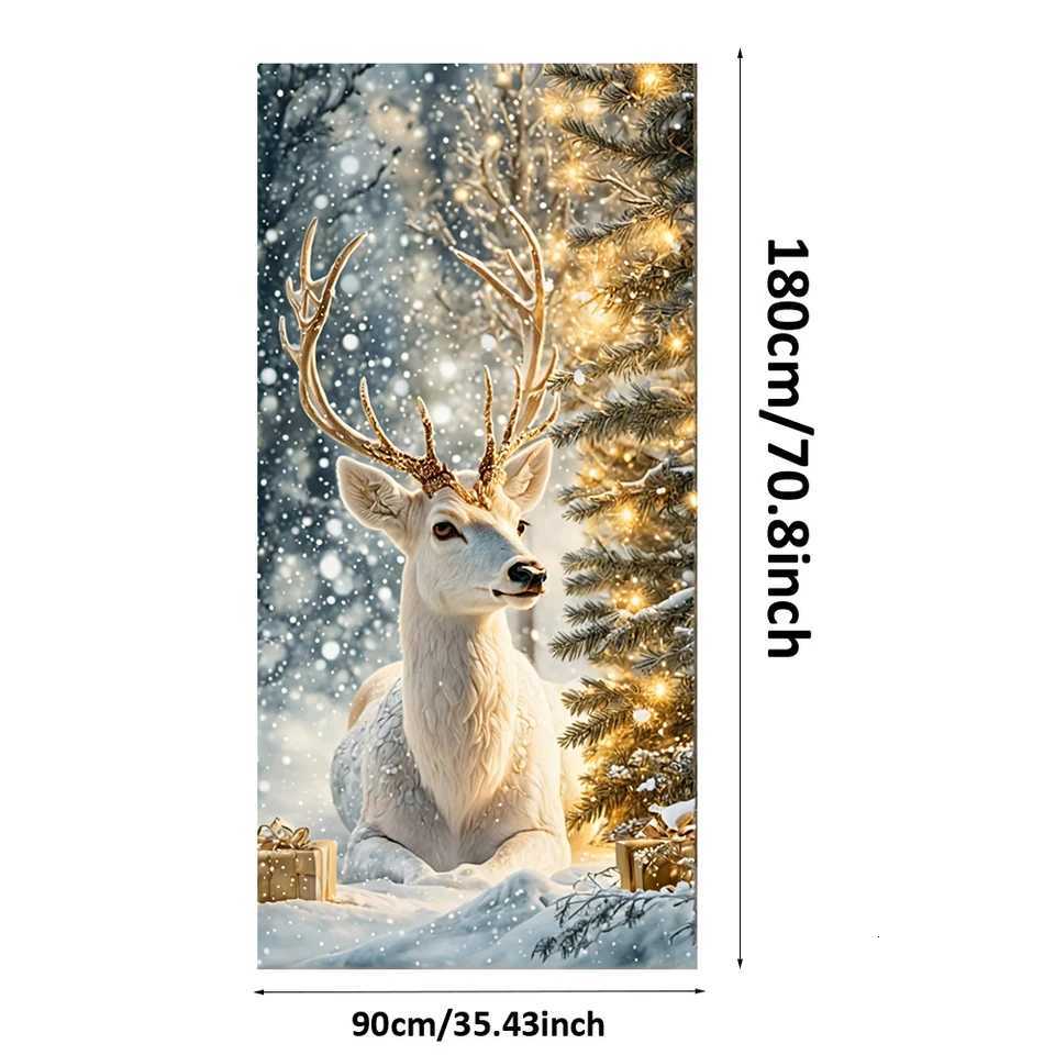 White Elk Snowy Scene Banner Xmas Door Cover Decoration Polyester Merry Christmas Winter New Year Holiday Photo Booth NavidadM251115