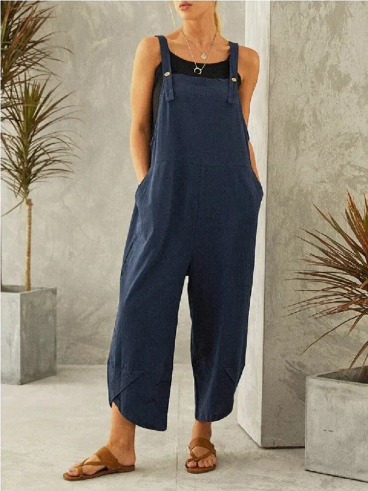 Women Loose Wide Leg Overalls Summer Adjustable Solid Color Cotton Linen Baggy Full Trousers Female Jumpsuits Oversized 250415