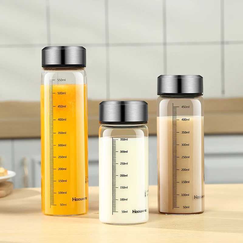 Portable Glass Water Bottle Hot Milk Bottle graduated Cup with Lid Refrigerated Milk Tea Cup Outdoor sports water bottleW251114