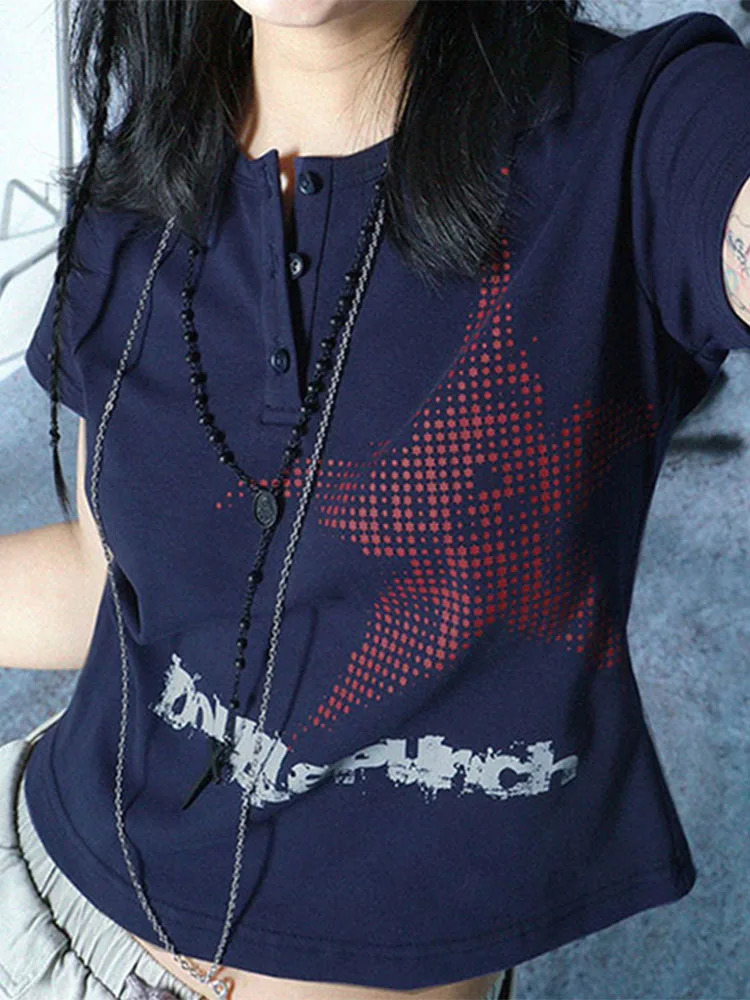 Harajuku Crop Top Japanese Style Star Pattern Round Neck Short Sleeve T Shirts Graphic Tee y2k Women Clothes Streetwear 250415