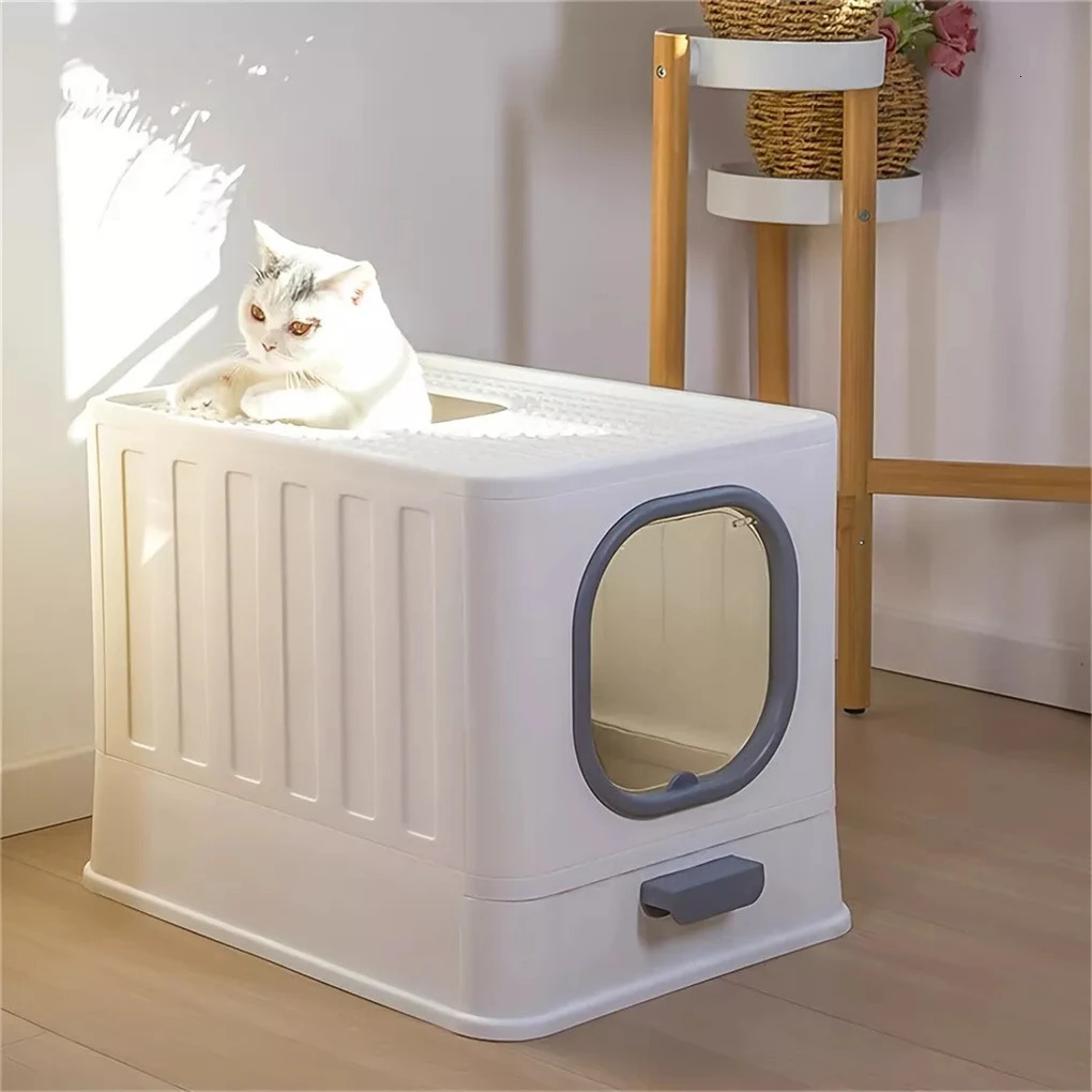 Leak-proof Enclosed Cat Litter Box Pull Drawer Kitten Training Toilet with Scoop and Lid Anti-Splashing 250414
