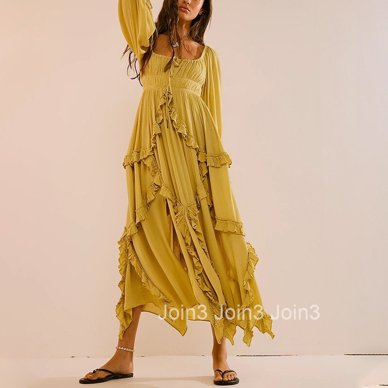 2025 Autumn New Style U-neck Ruffled Lace Patchwork Slit Gentle Big Swing Dress Long Skirt