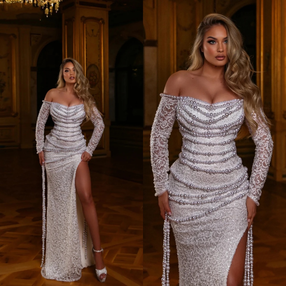 Elegant A Line Women Wedding Dress Off Shoulder Long Sleeves Bridal Gowns Sequins Pearls Beading Split Side Sweep Train Dress Custom Made