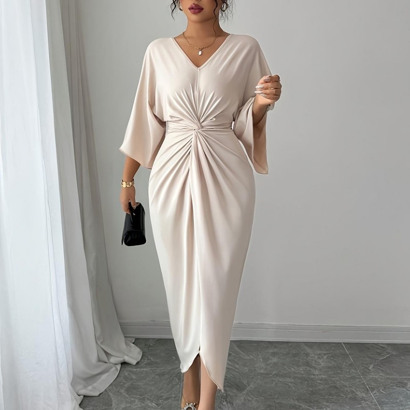 Urban Sexy Dresses Women's Beige Satin Bodycon Midi Dress - V-Neck Batwing Sleeve Twist Front Split Dress, Elegant Evening Party & Formal Occasio