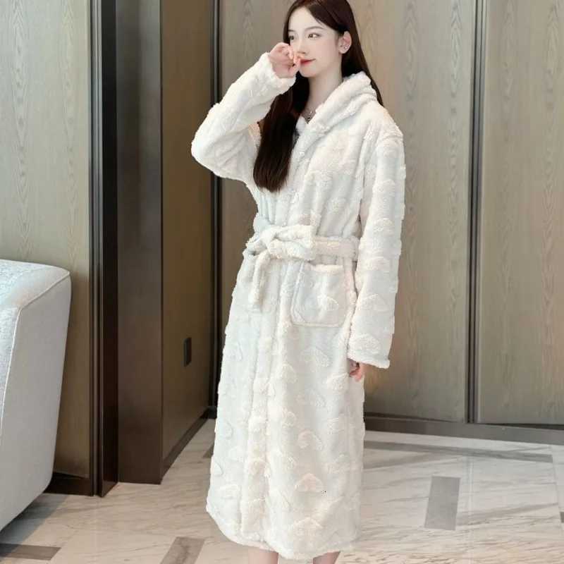 Belt Robe for Women Sleepwear Winter Nightdress Night Wear Warm Fleece Pajama Hooded One Piece Nightgown Solid Sleeping Homewear C251115