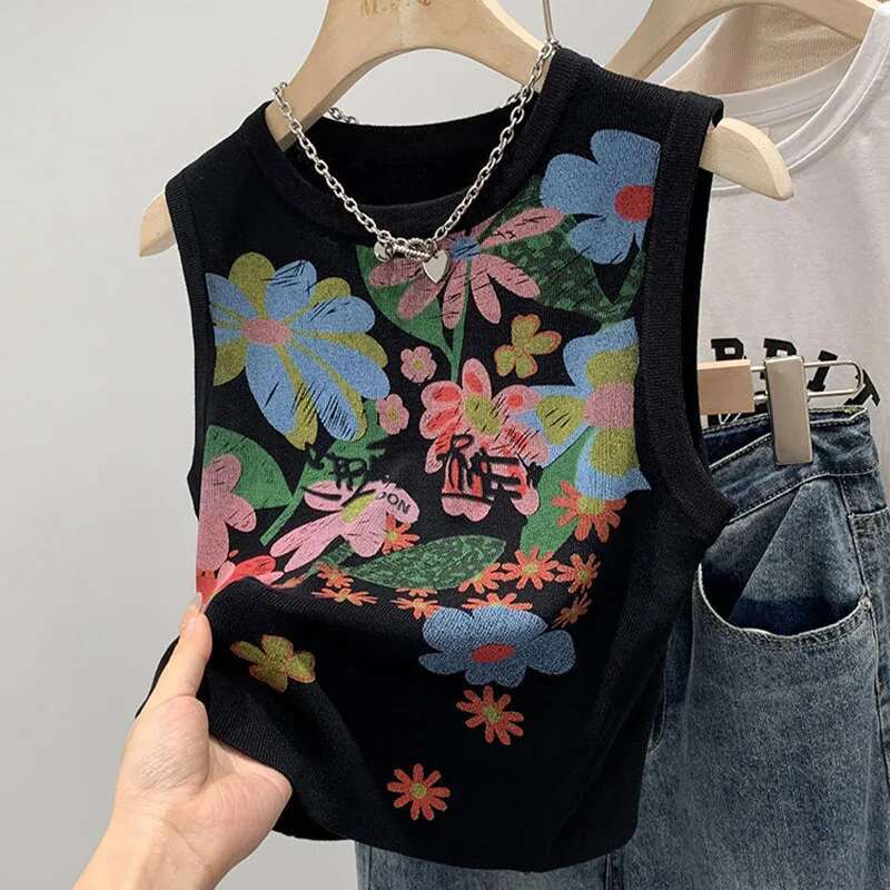 Summer Vintage Y2k Chic Graffiti Printed Knitted Tanks Women Korean Fashion Sleeveless Short Style Casual Top Pullovers
