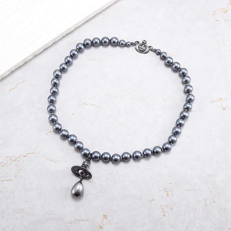 Empress Dowager Xi's Single Layer Gray Pearl Necklace With Three Dimensional Saturn UFO Water Droplet Pendant, Light And Clavicle Chain For Women