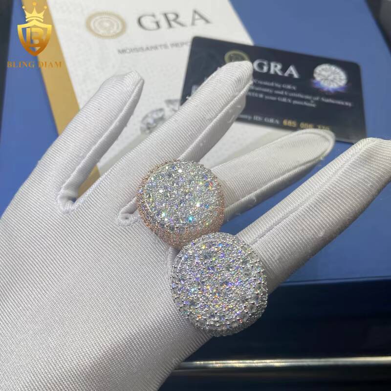 HipHop Jewelry 925 Sterling Silver Moissanite Ring Men Iced Out Moissanite Ring Round Brilliant Cut Pass Diamond Test with GRA