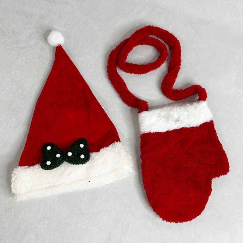 Christmas Santa Hat with Green Bow Red Mitten Shaped Crossbody Bag Set - Plush Festive Accessories for Holiday Look Y251115