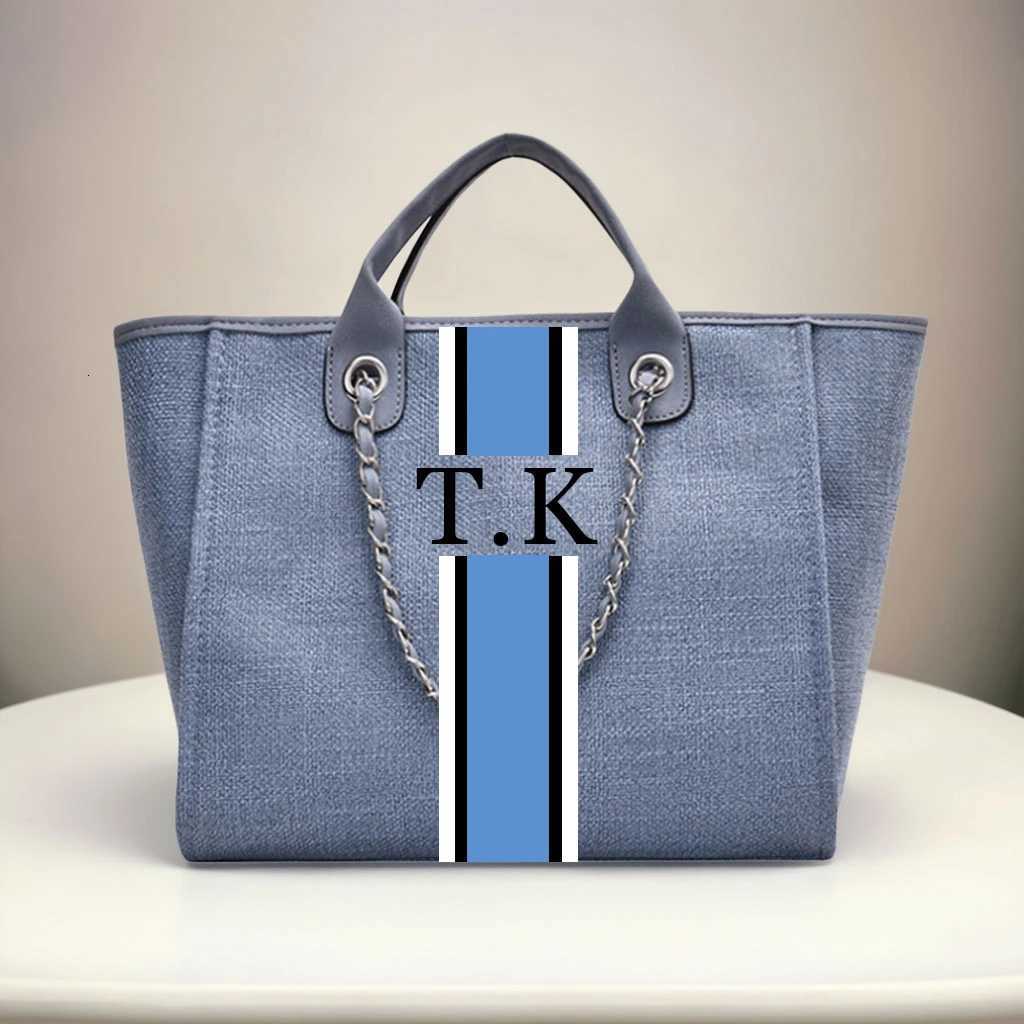 Personalized Monogram Tote Bag Customised Chain Handbag White Stripe Initials Beach Holiday Canvas Tote Womens BagW251115