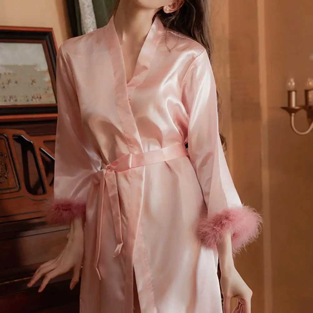 Imitation Silk Women Nightgown Solid Color Faux Fur Trim Adjustable Waist Tie Satin Sleepwear Weddings Bride Morning Robe C251115