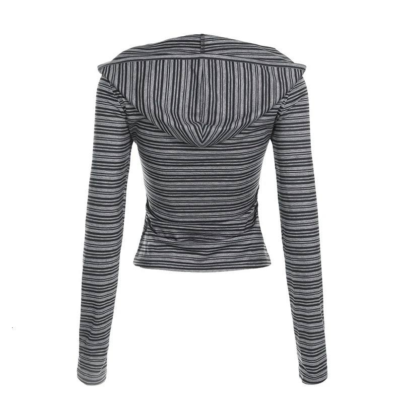 Casual Striped Breasted Long Sleeve Hooded T-Shirts Women Slim Fit Simple Fashion Blouses 250415