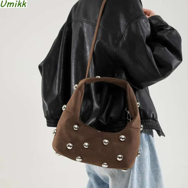 2025 New Women's Bag Personalized Faux Suede Rivet Satchel Purse Punk Style Fashion Shoulder Bags Zipper Closure Studded Handbag