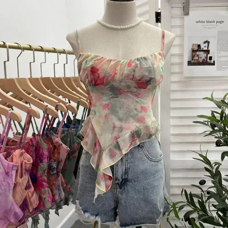 s Sweet Ruffles Mesh Camisole Top Lady Camis Sleeveless Printed Floral T shirts Stretch Slim Tanks For Slim Women 250415