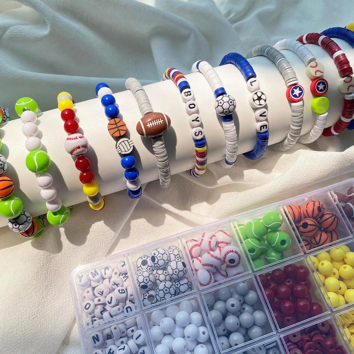 DIY Sports Clay Bead Jewelry Kit - Football Basketball Charms for Bracelets Necklaces Keychains, Letter Bracelet Craft Supplies