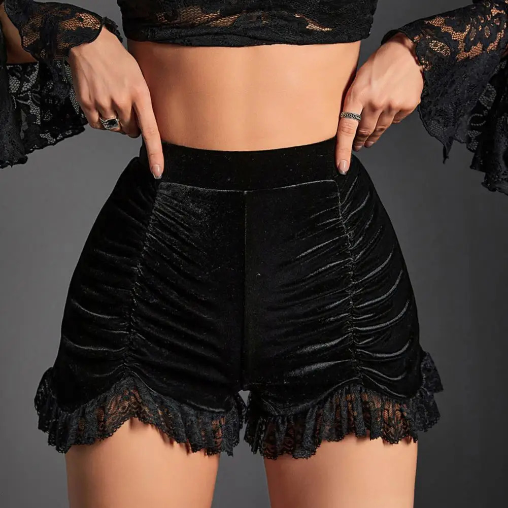 Goth Dark Mall Gothic Velvet Ruched Sexy Shorts Skirts E-girl Grunge High Waist Skinny Bottoms Women Lace Hem Autumn Alt Clothes 250415