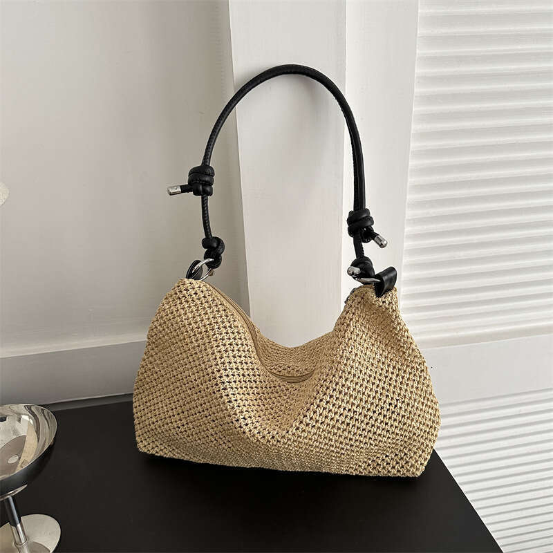 Handmade Beach Bag Single Shoulder Large Capacity Straw Woven Leisure Beach Bag, Vacation Ins, Contrasting Color Bucket, Handheld Commuting Women'