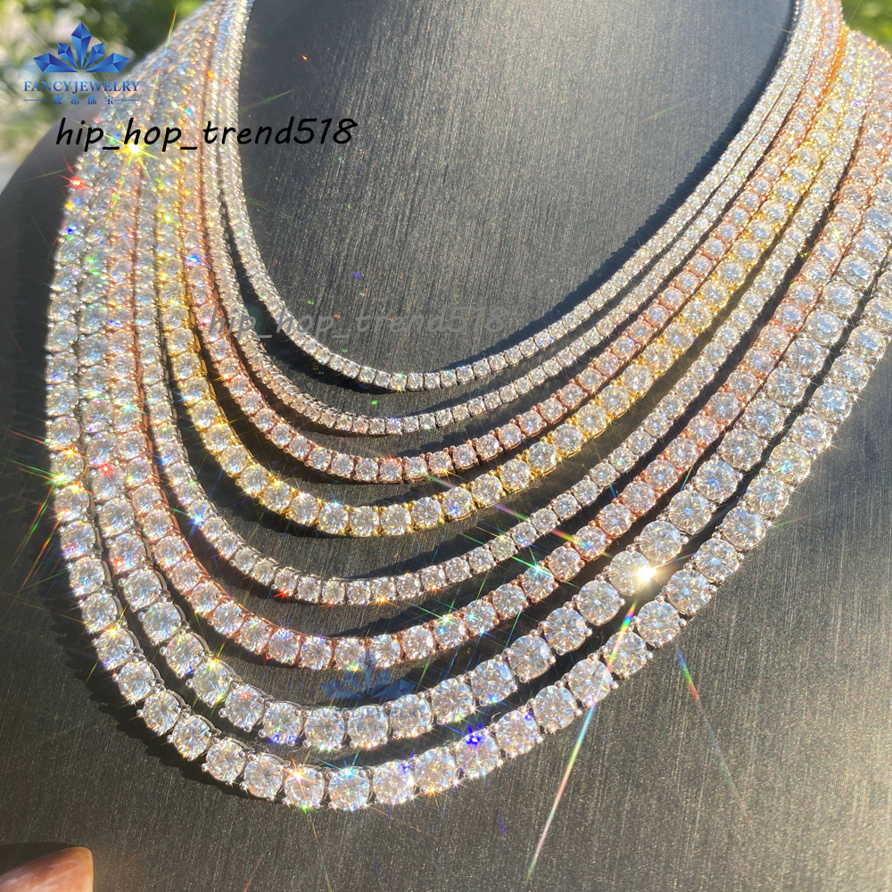 Pass Diamond Tester Hip Hop Jewelry 2.0mm 3mm 4mm 5mm 6.5mm VVS Moissanite Diamond 925 Silver Iced Out Tennis Chain Necklaces