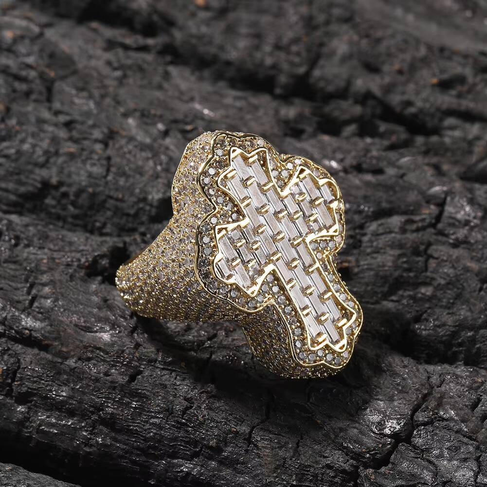 Top Icy Wholesale Trend Hip Hop Iced Out Cross Rings Fashion Jewelry 18K Gold Plated Baguette Ring for Men Women