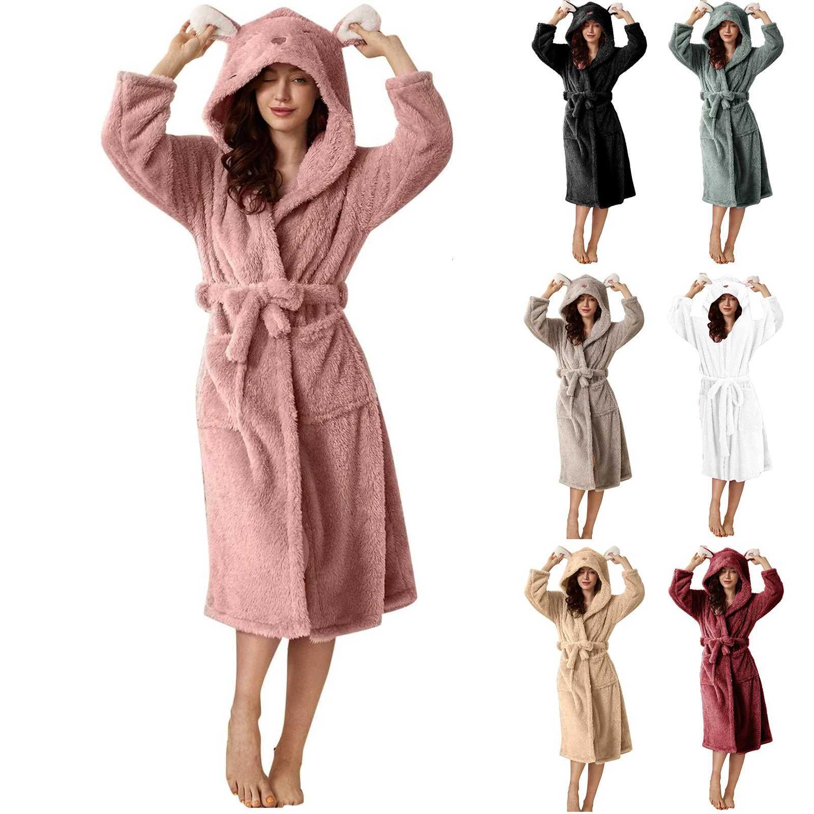 Women Winter Plush Night Robe Minimst Solid Color With Rabbit Shaped Hooded Bring You Cozy Comfortable Thermal Experience C251115
