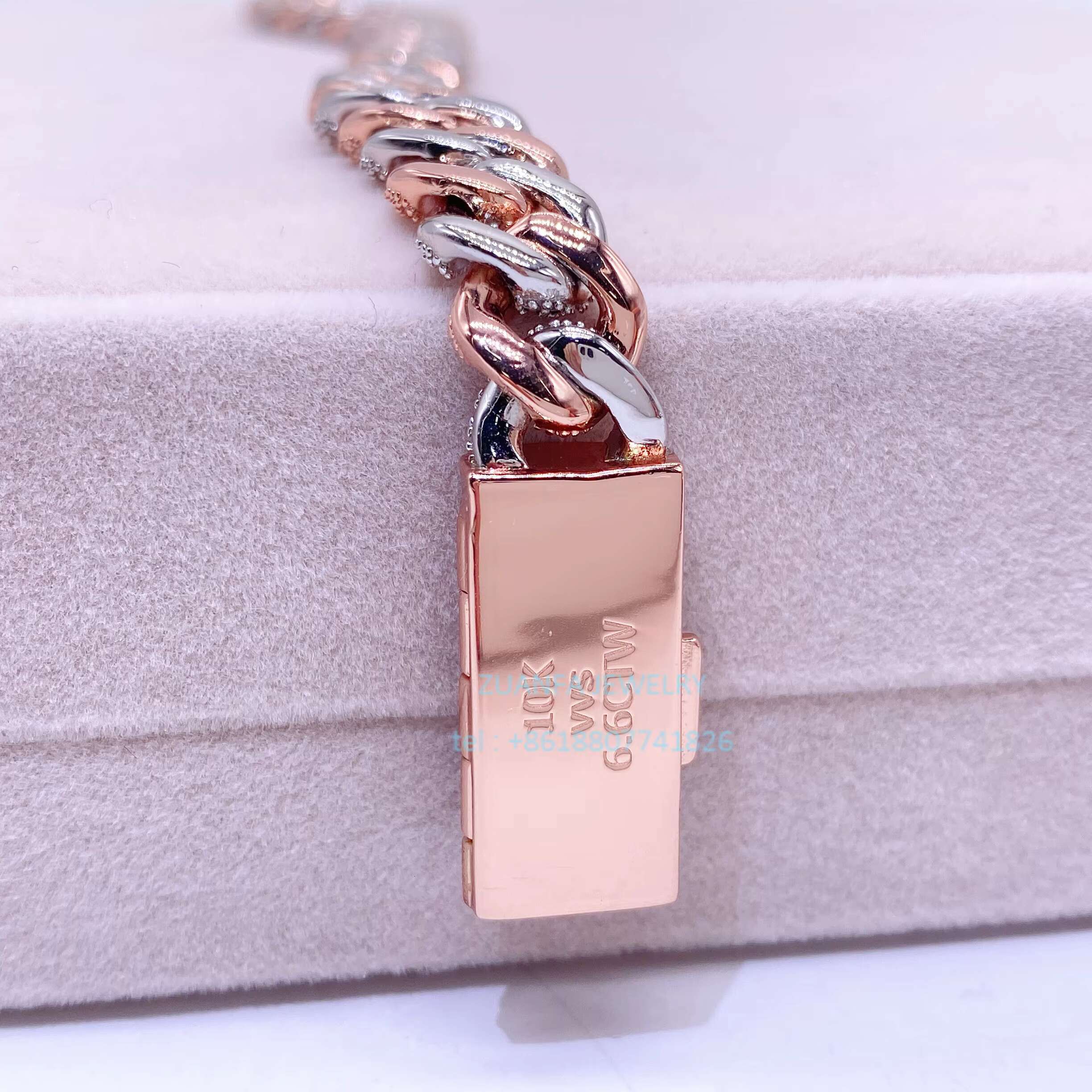 Rose Gold 2 Tone Vvs Moissanite Diamond 10mm Thick Sterling Silver Cuban Link Chain Bracelet