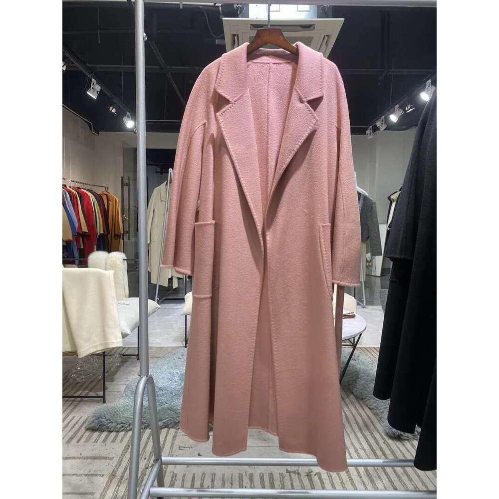 2024 Fall Winter Jacket Ripple Double-Sided Wool Cashmere Coat High-End Bathrobe Style Windbreaker Women Belt Long Thick Warm