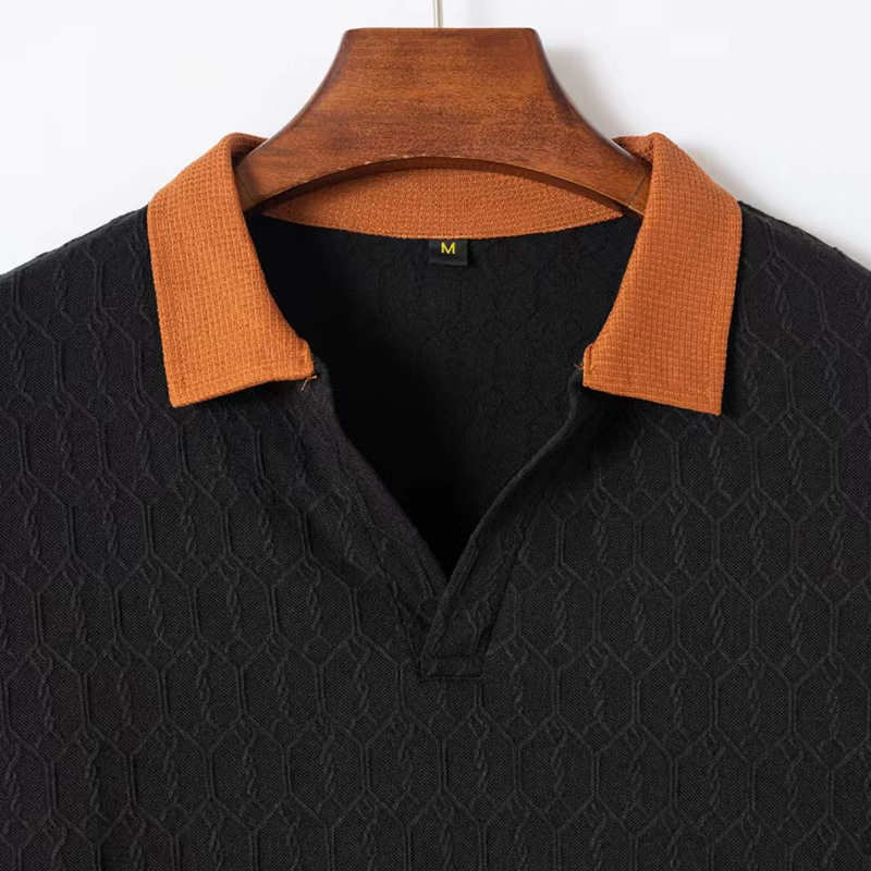 2025 summer new slim fit polo waffle jacquard color blocked lapel men's short sleeved shirt
