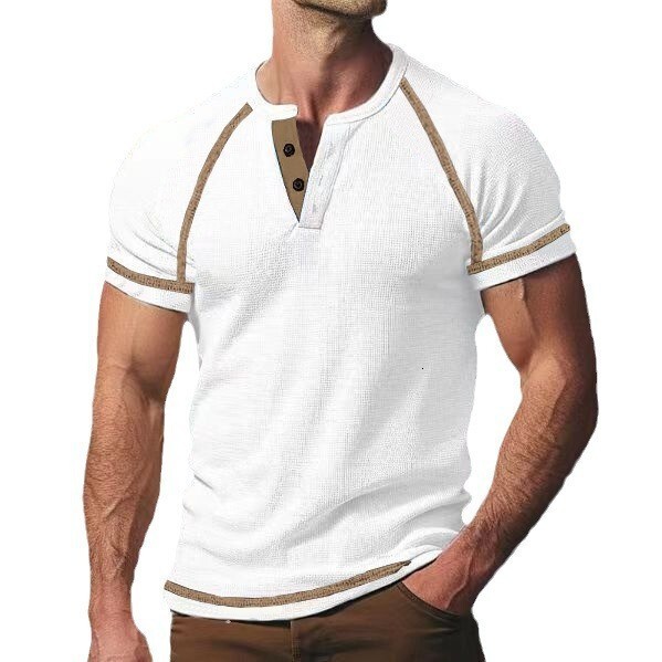2025 Waffle Henley Solid color Shoulder Insert Summer Short sleeved Men's T-shirt