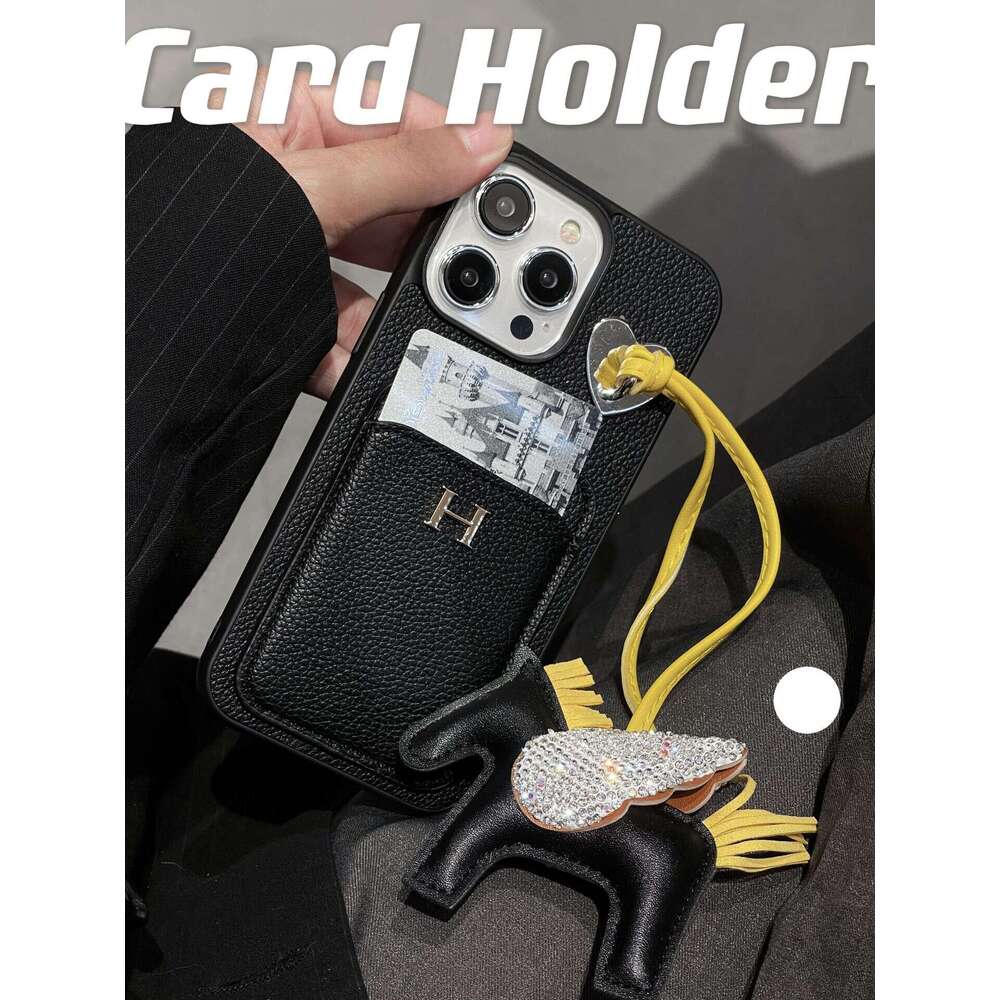 New Apple 17 Compatible with iPhone 13 Lychee Pattern Card Holder Lanyard Pony Phone Case Letter H Trendy