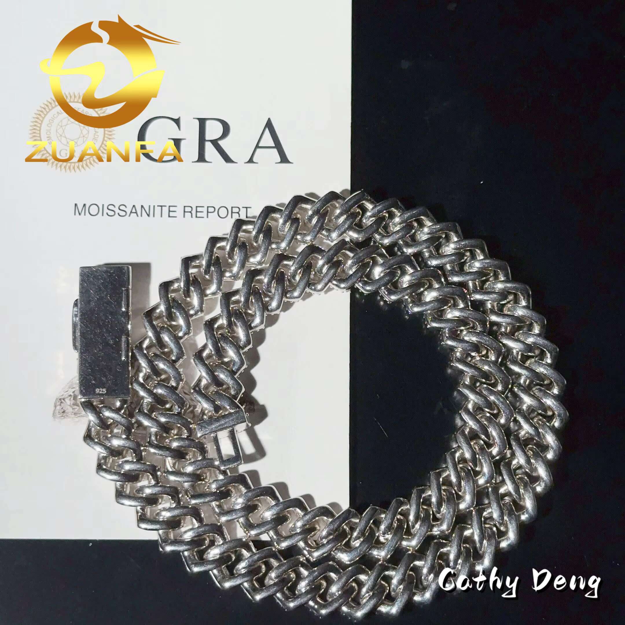 14k Gold Plated Baguette Cut 12mm Moissanite Cuban Link Chain Bracelet Iced Out Hip Hop Silver Pass Diamond Tester Cuban Chain