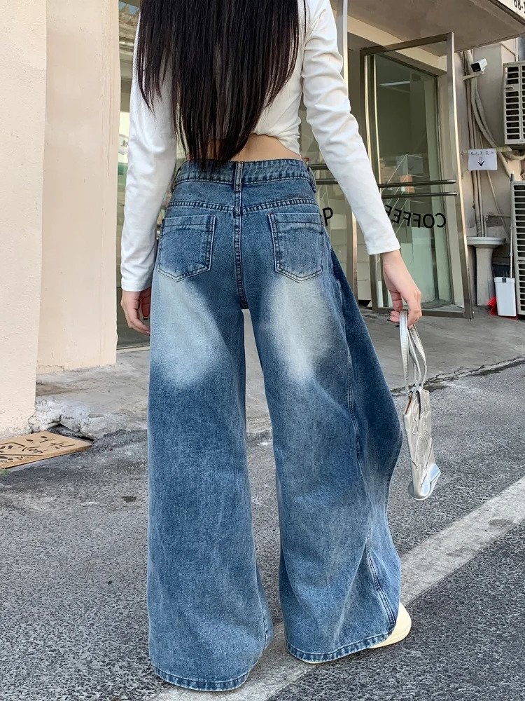 Garbage Y2K 2000S washed blue pocket stacked jeans 90s retro ner clothing wide leg womens Trouser Ropa De Mujer 250414